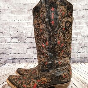 Corral A1951 Laser Inlay Cowboy Cowgirl Boots Snip Toe Black and Red Size 6.5